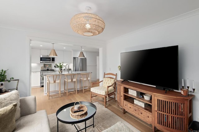 living room with ornamental molding and light wood-type flooring