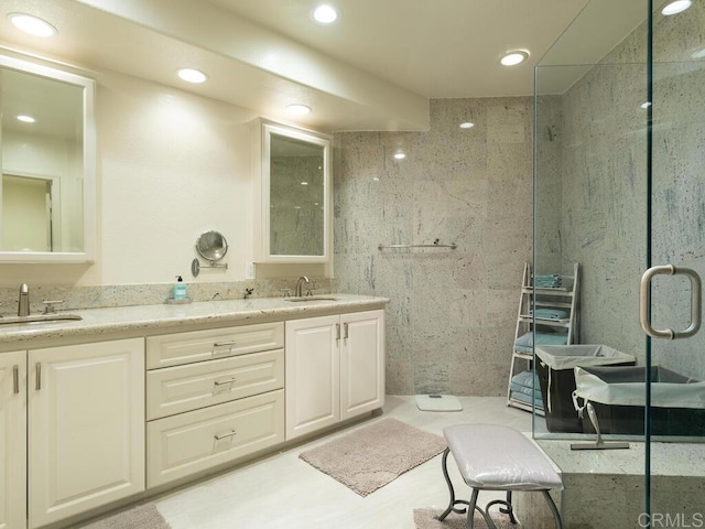 1099 1st St Unit 217, Coronado, CA 92118 - full bathroom with an enclosed shower, double vanity, and recessed lighting