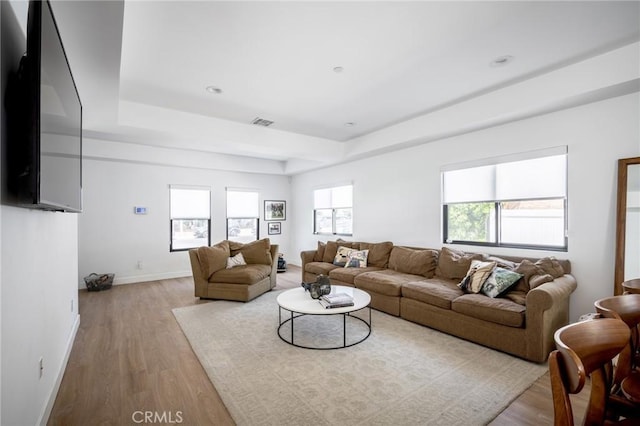 living area with a raised ceiling, wood finished floors, and baseboards