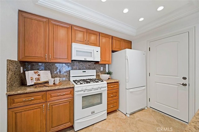 173 N Magnolia Ave Unit A, Anaheim, CA 92801 - kitchen featuring white appliances, brown cabinetry, ornamental molding, decorative backsplash, and light tile patterned floors