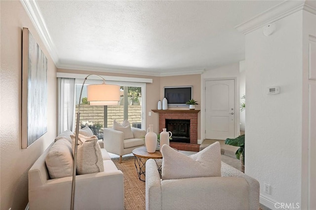 173 N Magnolia Ave Unit A, Anaheim, CA 92801 - living room with crown molding, a brick fireplace, a textured ceiling, and a textured wall