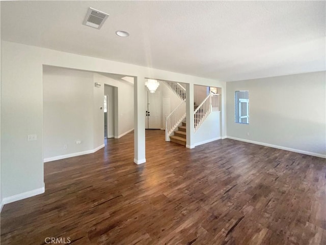 8424 Monique Ct, Riverside, CA 92508 - unfurnished living room featuring baseboards, dark wood-style flooring, stairway, and recessed lighting