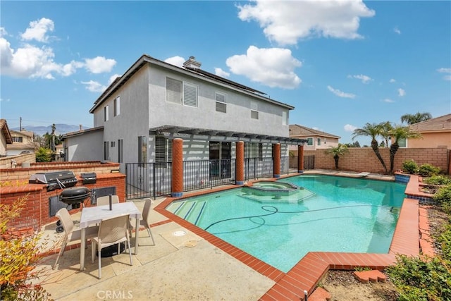 870 E Bermuda Dunes Ct, Ontario, CA 91761 - view of swimming pool featuring a pergola, a fenced backyard, a patio, a pool with connected hot tub, and outdoor dining space
