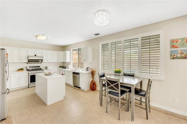 870 E Bermuda Dunes Ct, Ontario, CA 91761 - kitchen featuring appliances with stainless steel finishes, a kitchen island, white cabinets, and ventilation hood