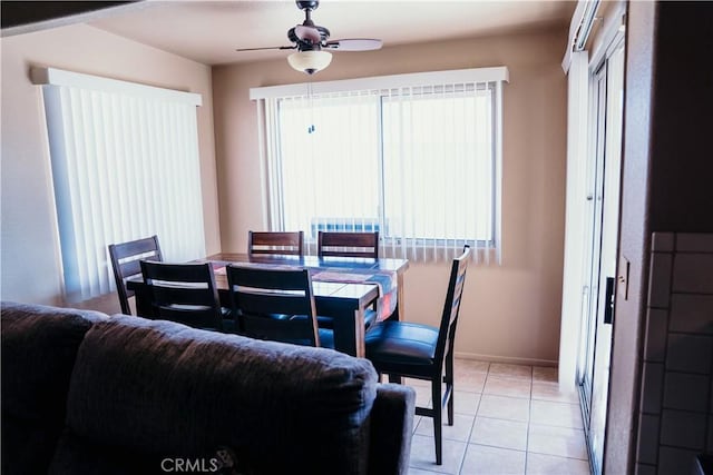 25657 Tamarisk St, Barstow, CA 92311 - dining room featuring healthy amount of natural light, ceiling fan, light tile patterned floors, and baseboards