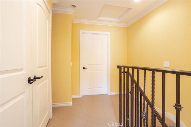 10148 Fernglen Ave Unit 2, Tujunga, CA 91042 - corridor featuring an upstairs landing, ornamental molding, light carpet, and baseboards