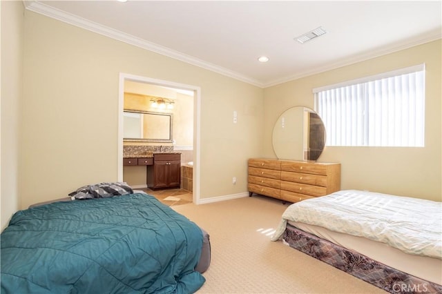10148 Fernglen Ave Unit 2, Tujunga, CA 91042 - bedroom with crown molding, light colored carpet, recessed lighting, baseboards, and ensuite bath