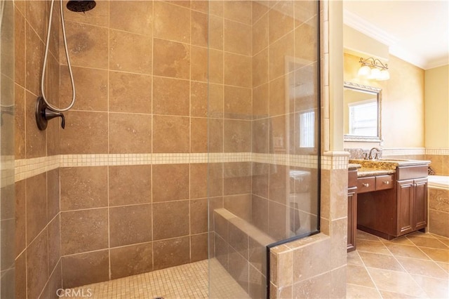10148 Fernglen Ave Unit 2, Tujunga, CA 91042 - full bathroom with crown molding, tiled shower, tile patterned flooring, and vanity