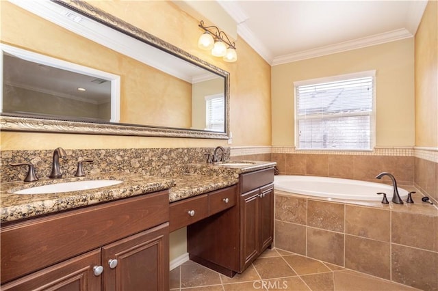 10148 Fernglen Ave Unit 2, Tujunga, CA 91042 - bathroom with tile patterned floors, ornamental molding, double vanity, and a bath