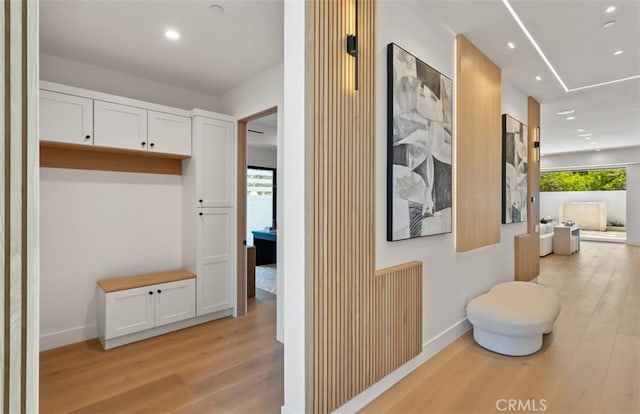 5772 Sierra Casa Rd, Irvine, CA 92603 - corridor featuring light wood-style floors, recessed lighting, baseboards, and attic access