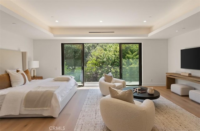 5772 Sierra Casa Rd, Irvine, CA 92603 - bedroom with a raised ceiling, access to outside, wood finished floors, baseboards, and recessed lighting