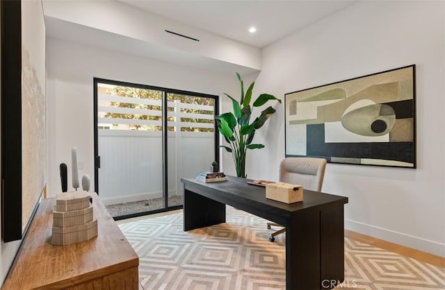 5772 Sierra Casa Rd, Irvine, CA 92603 - office area featuring baseboards, light wood-style floors, and recessed lighting