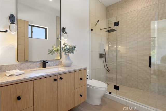 5772 Sierra Casa Rd, Irvine, CA 92603 - full bath with vanity, toilet, a shower stall, and tile patterned flooring