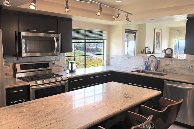kitchen featuring stainless steel appliances, a sink, dark cabinets, track lighting, and tasteful backsplash