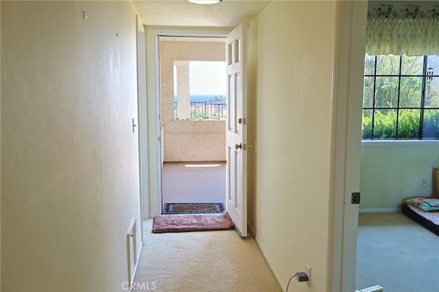 corridor with carpet floors, plenty of natural light, and baseboards