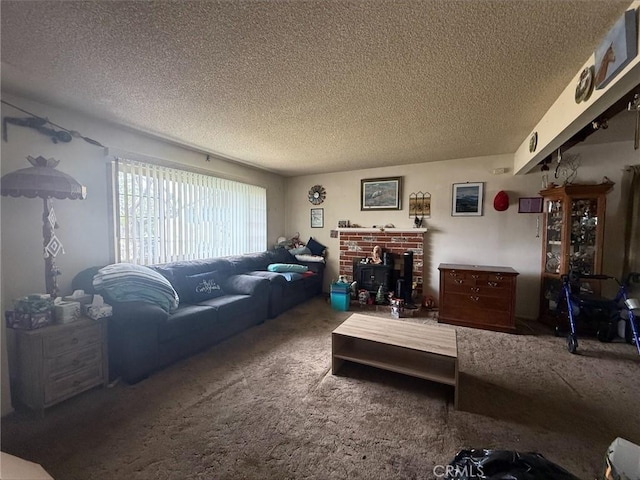 35014 Shasta St, Yucaipa, CA 92399 - carpeted living room with a textured ceiling and a fireplace