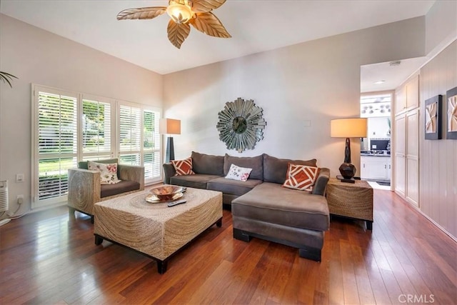 2049 Via Mariposa Unit E, Laguna Woods, CA 92637 - living room with hardwood / wood-style flooring and ceiling fan