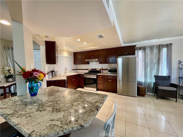 4166 Winged Foot Way, Chino Hills, CA 91709 - kitchen with appliances with stainless steel finishes, under cabinet range hood, a sink, tasteful backsplash, and a textured ceiling