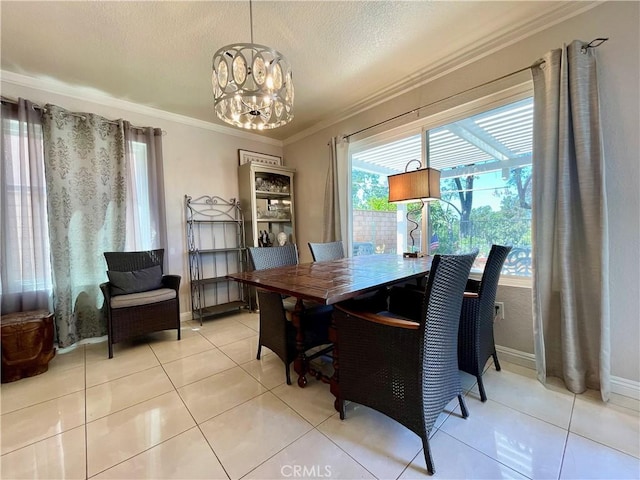 4166 Winged Foot Way, Chino Hills, CA 91709 - dining room with ornamental molding, light tile patterned floors, a chandelier, baseboards, and a textured ceiling