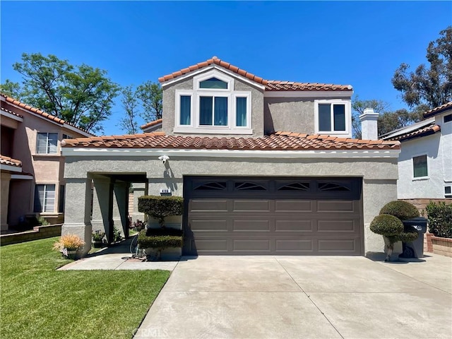 4166 Winged Foot Way, Chino Hills, CA 91709 - mediterranean / spanish-style home featuring concrete driveway, stucco siding, an attached garage, a tiled roof, and a front lawn