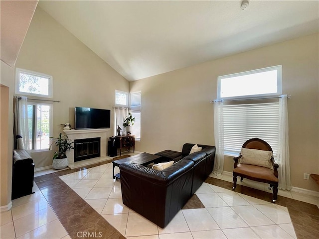 4166 Winged Foot Way, Chino Hills, CA 91709 - living room featuring baseboards, healthy amount of natural light, light tile patterned floors, and high vaulted ceiling