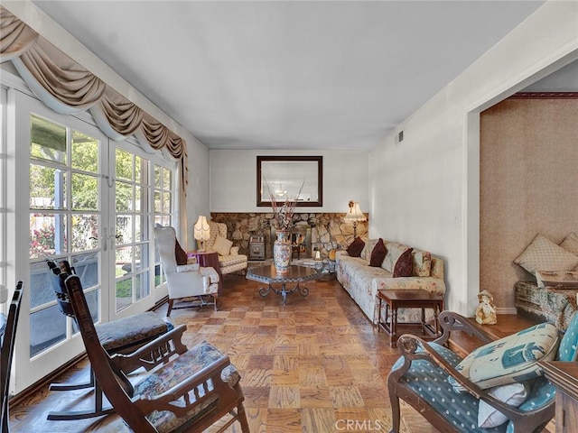 living area featuring french doors