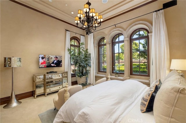12 Skyridge, Newport Coast, CA 92657 - bedroom with a chandelier, ornamental molding, carpet flooring, and baseboards
