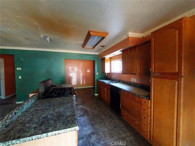 410 5th St, Willows, CA 95988 - kitchen with black appliances, a sink, brown cabinets, and crown molding