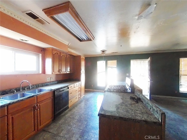 410 5th St, Willows, CA 95988 - kitchen with dishwasher, a sink, healthy amount of natural light, brown cabinets, and ornamental molding