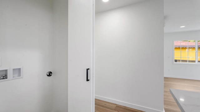 5259 Imperial Ave, San Diego, CA 92114 - clothes washing area featuring washer hookup, light wood finished floors, baseboards, and recessed lighting