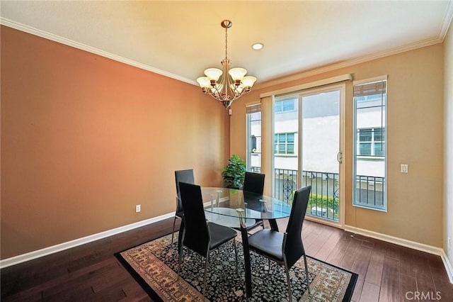 4437 Owens St Unit 104, Corona, CA 92883 - dining space featuring a chandelier, baseboards, dark wood finished floors, ornamental molding, and recessed lighting