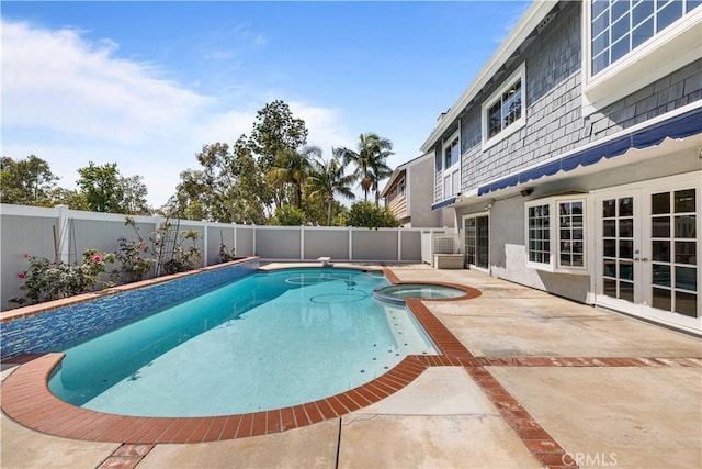 20 Grant, Irvine, CA 92620 - view of swimming pool with french doors, a patio, a fenced backyard, and a pool with connected hot tub