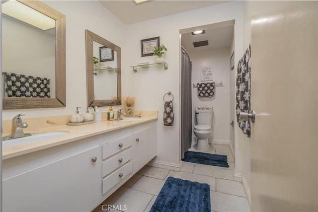 16060 Villa Flores Dr, Hacienda Heights, CA 91745 - bathroom featuring toilet, double vanity, tile patterned floors, baseboards, and a shower with shower curtain