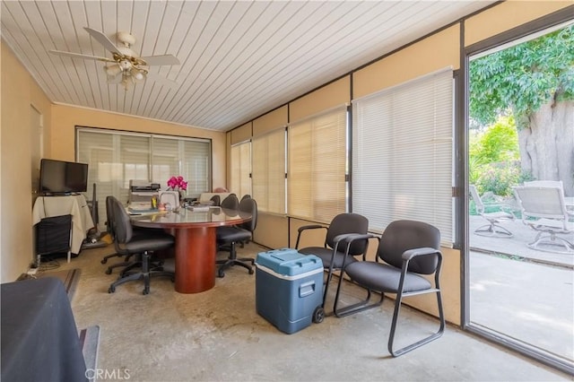 16060 Villa Flores Dr, Hacienda Heights, CA 91745 - sunroom / solarium with a ceiling fan, concrete flooring, outdoor dining space, and wooden ceiling