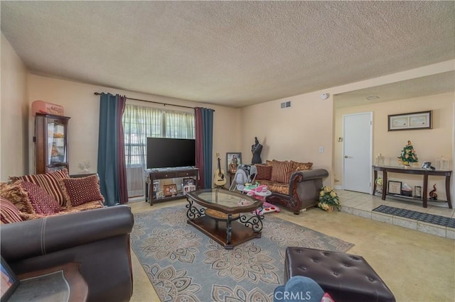 16060 Villa Flores Dr, Hacienda Heights, CA 91745 - carpeted living room featuring a textured ceiling