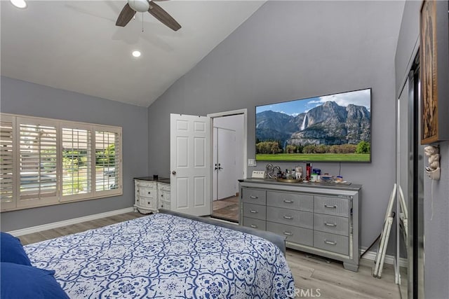 14048 Wagon Mound Rd, Rancho Cascades, CA 91342 - bedroom featuring high vaulted ceiling, light wood finished floors, recessed lighting, ceiling fan, and baseboards