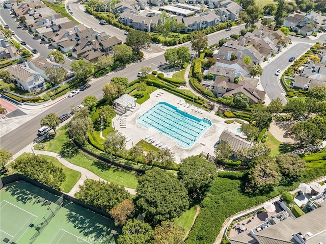 aerial perspective of suburban area with a pool area