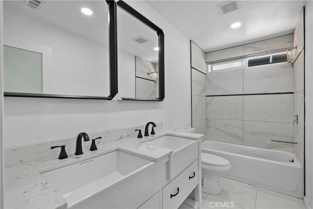 40635 159th St E, Lancaster, CA 93535 - bathroom featuring toilet, marble finish floors, bathing tub / shower combination, vanity, and recessed lighting