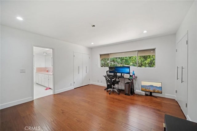 12218 Sarazen Pl, Granada Hills, CA 91344 - office with hardwood / wood-style flooring, recessed lighting, and baseboards
