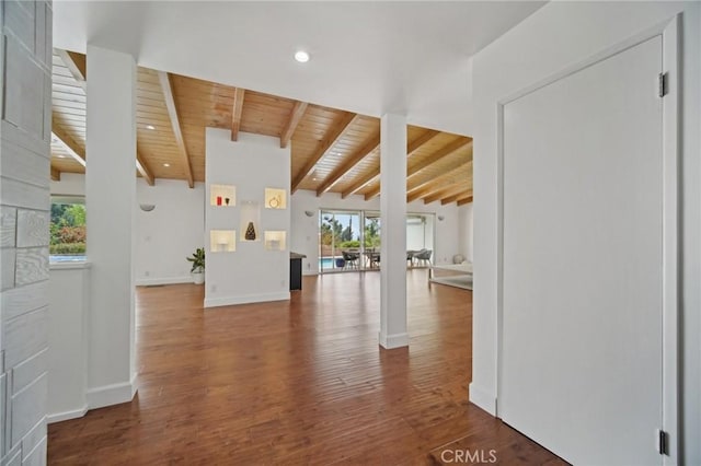 12218 Sarazen Pl, Granada Hills, CA 91344 - hall featuring wooden ceiling, wood finished floors, baseboards, and recessed lighting
