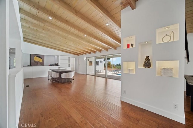 12218 Sarazen Pl, Granada Hills, CA 91344 - hall with wooden ceiling, beam ceiling, wood finished floors, baseboards, and high vaulted ceiling