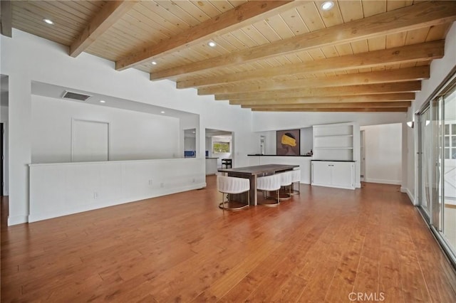 12218 Sarazen Pl, Granada Hills, CA 91344 - dining area featuring wood ceiling, wood finished floors, beamed ceiling, baseboards, and recessed lighting
