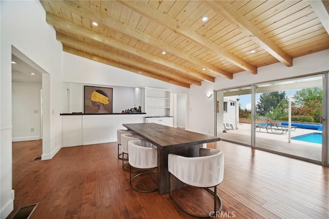 12218 Sarazen Pl, Granada Hills, CA 91344 - dining room with wooden ceiling, dark wood finished floors, recessed lighting, and baseboards