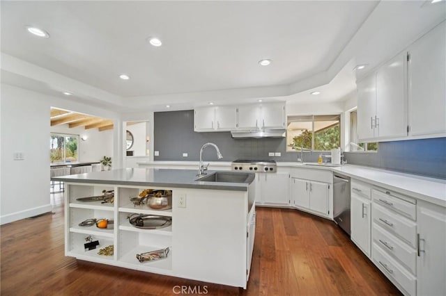 12218 Sarazen Pl, Granada Hills, CA 91344 - kitchen with a sink, stainless steel appliances, white cabinets, decorative backsplash, and recessed lighting