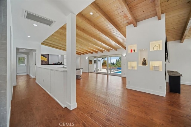 12218 Sarazen Pl, Granada Hills, CA 91344 - corridor featuring wood ceiling, beamed ceiling, wood finished floors, high vaulted ceiling, and baseboards