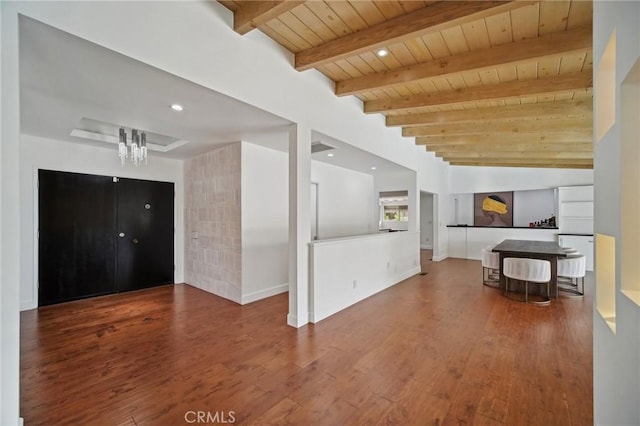 12218 Sarazen Pl, Granada Hills, CA 91344 - living room featuring wooden ceiling, a chandelier, wood finished floors, beam ceiling, and baseboards