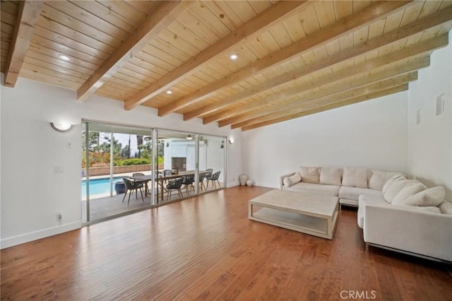 12218 Sarazen Pl, Granada Hills, CA 91344 - living area featuring beam ceiling, wooden ceiling, wood finished floors, and baseboards