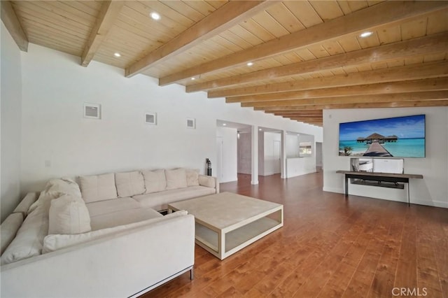 12218 Sarazen Pl, Granada Hills, CA 91344 - living room featuring wood ceiling, wood finished floors, beam ceiling, recessed lighting, and baseboards