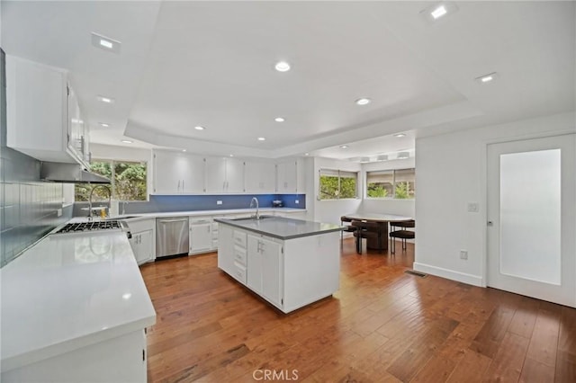 12218 Sarazen Pl, Granada Hills, CA 91344 - kitchen with a raised ceiling, a sink, stainless steel dishwasher, healthy amount of natural light, and recessed lighting