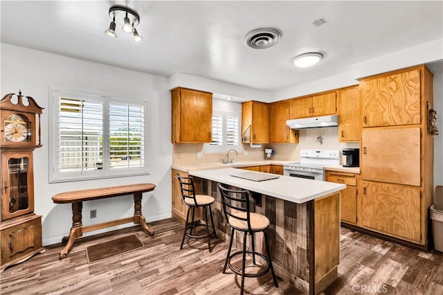 7599 Joshua Ln, Yucca Valley, CA 92284 - kitchen with white electric range, under cabinet range hood, wood finished floors, light countertops, and a kitchen bar